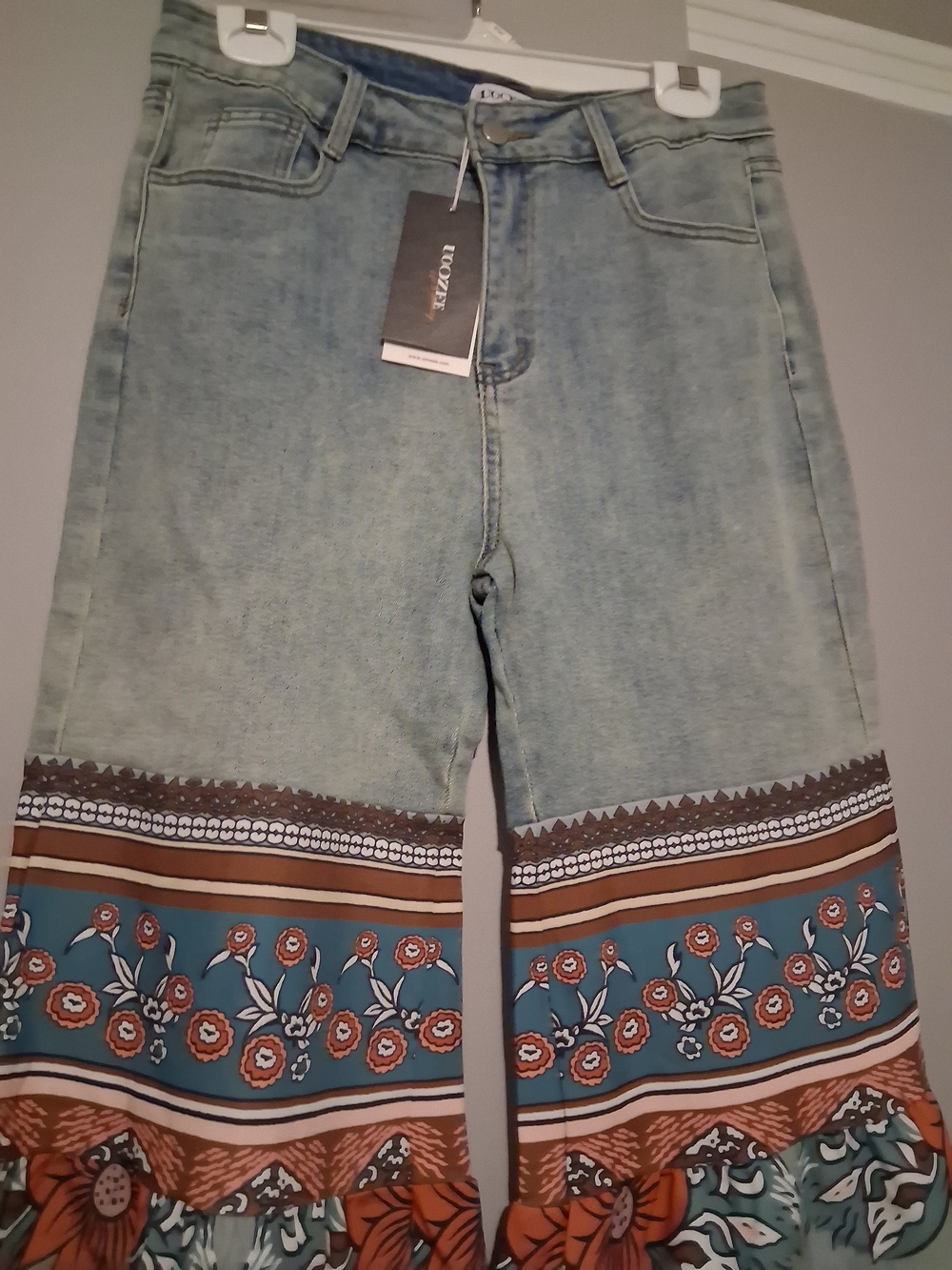 Womens Jeans Pants Blue Vintage Floral Printed Bottoms with Pockets High-Waisted - Picture 4 of 10